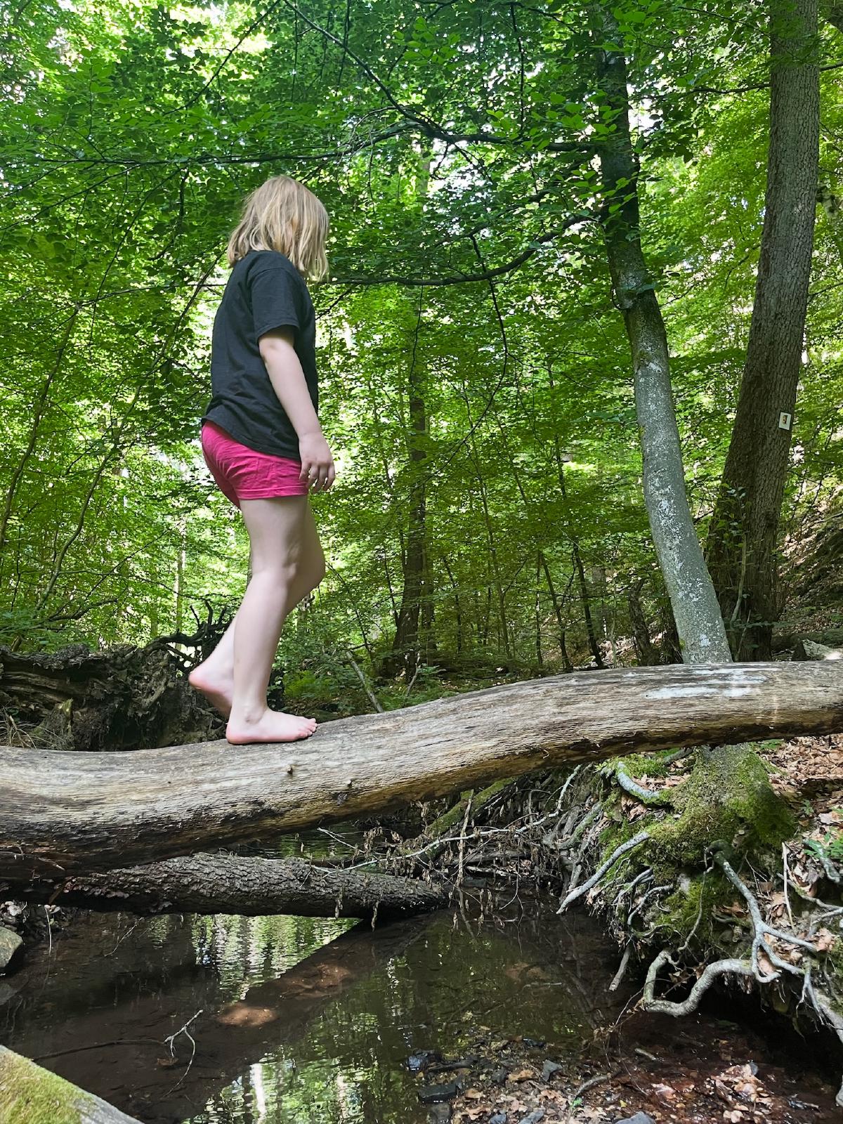 Kind am Bach auf Baumstamm