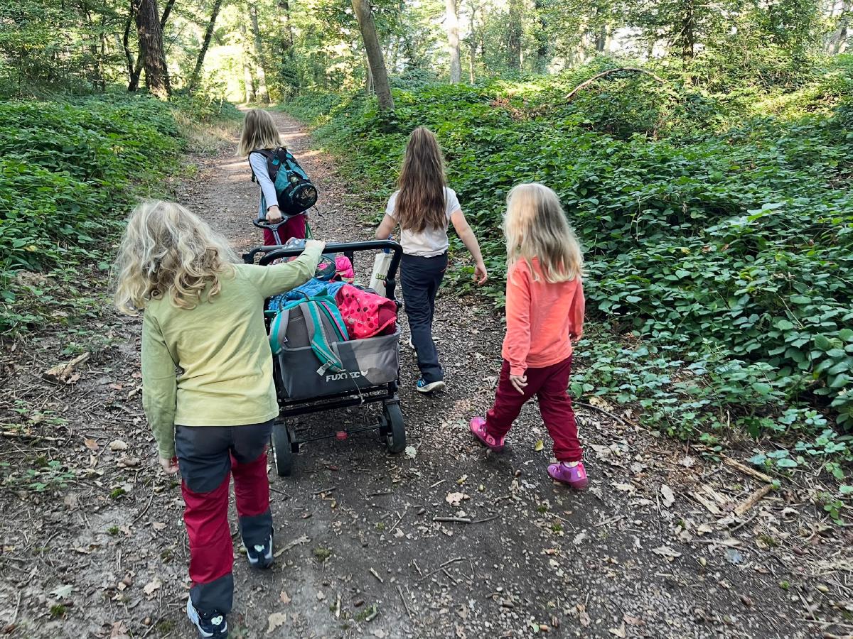 Kinder mit Bollerwagen im Wald