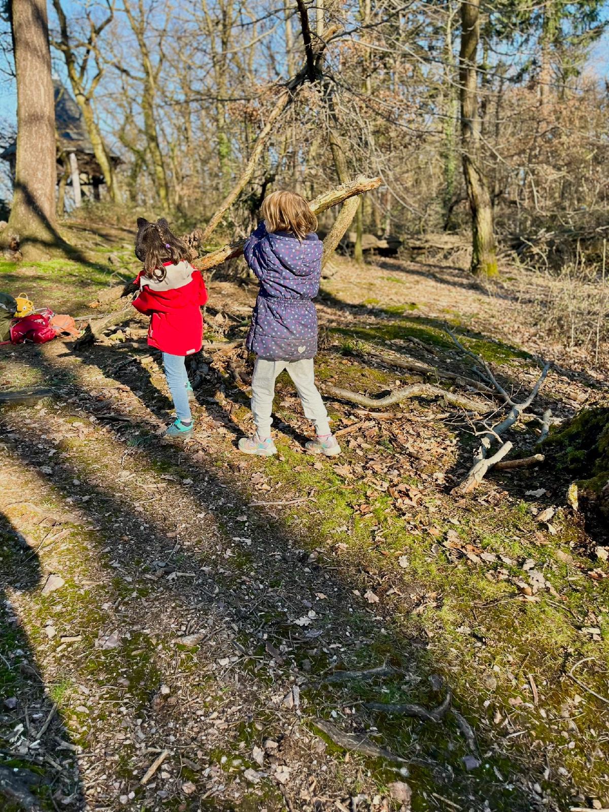 Kinder tragen gemeinsam einen Baumstamm